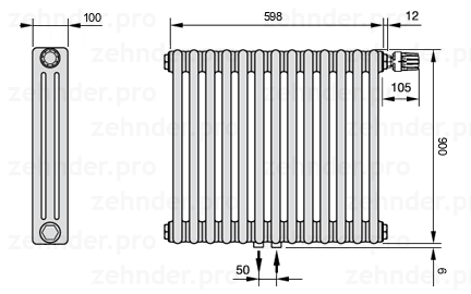 Схема (чертеж) Радиатор Zehnder Charleston 3090/13 №V008 Белый глянцевый RAL 9016